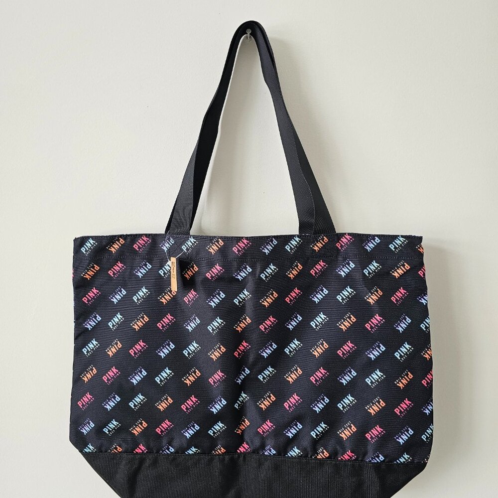 NWT VICTORIA SECRET PINK Black Zipper Travel Beach Shopping Bag 21.5"x16"x7.5"